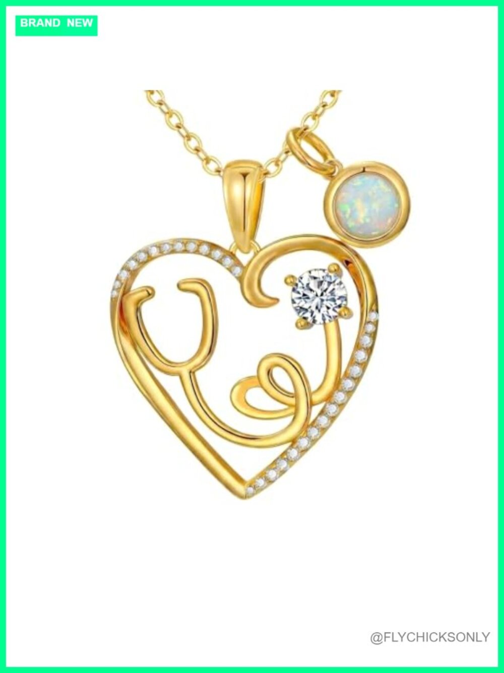 18K Gold Plated Stethoscope Necklace Opal Birthstone Nurse Gift